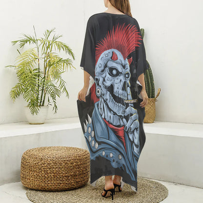 Punk Mohawk Devil Print Silk V-Neck Kaftan Dress