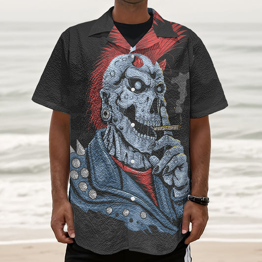 Punk Mohawk Devil Print Textured Short Sleeve Shirt