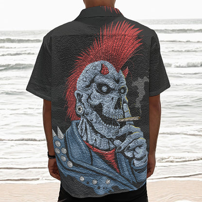 Punk Mohawk Devil Print Textured Short Sleeve Shirt