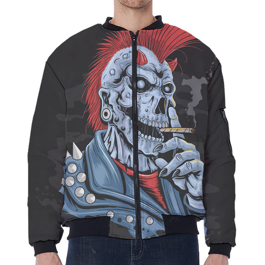 Punk Mohawk Devil Print Zip Sleeve Bomber Jacket