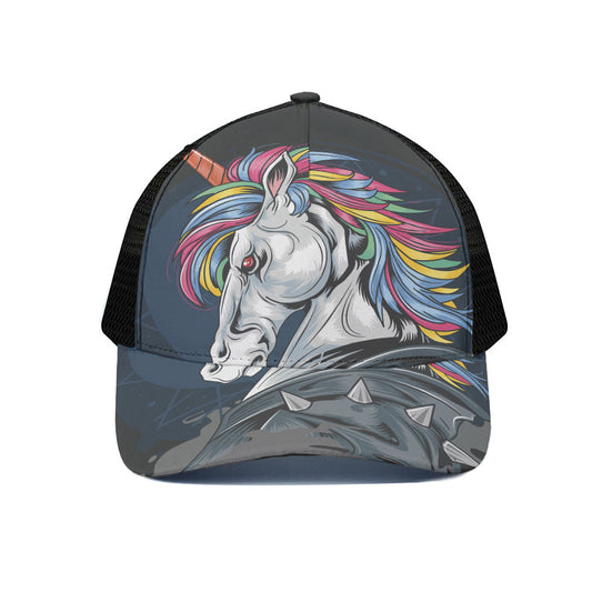 Punk Unicorn Print Black Mesh Trucker Cap