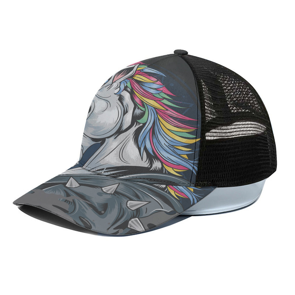 Punk Unicorn Print Black Mesh Trucker Cap