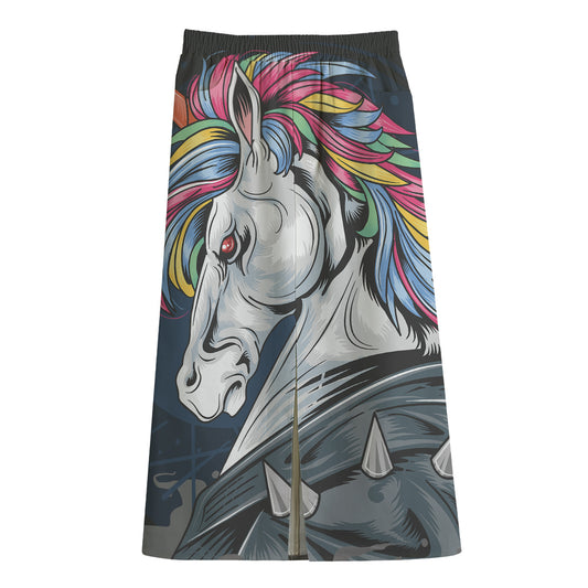 Punk Unicorn Print Cotton Front Slit Maxi Skirt