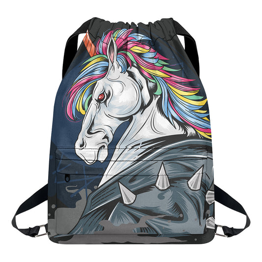 Punk Unicorn Print Drawstring Backpack