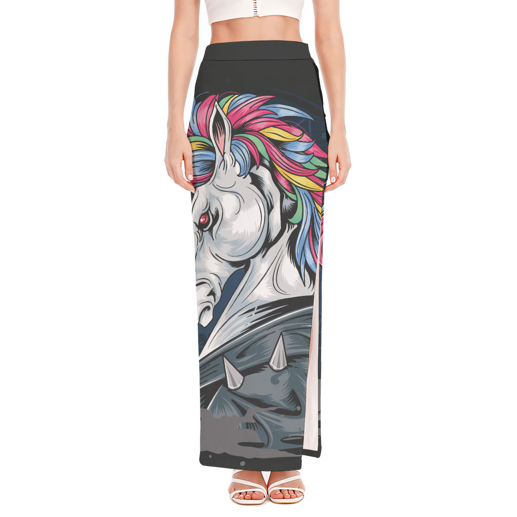 Punk Unicorn Print High Slit Maxi Skirt