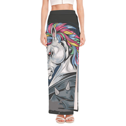 Punk Unicorn Print High Slit Maxi Skirt