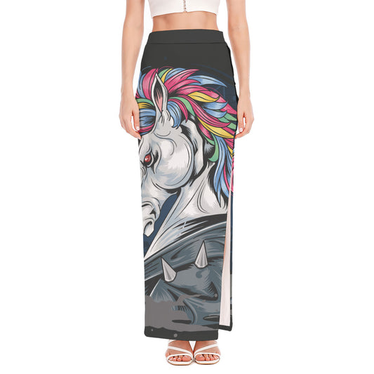 Punk Unicorn Print High Slit Maxi Skirt