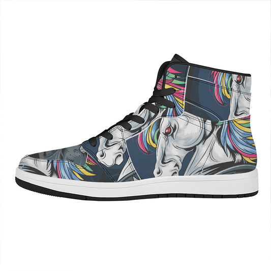 Punk Unicorn Print High Top Leather Sneakers