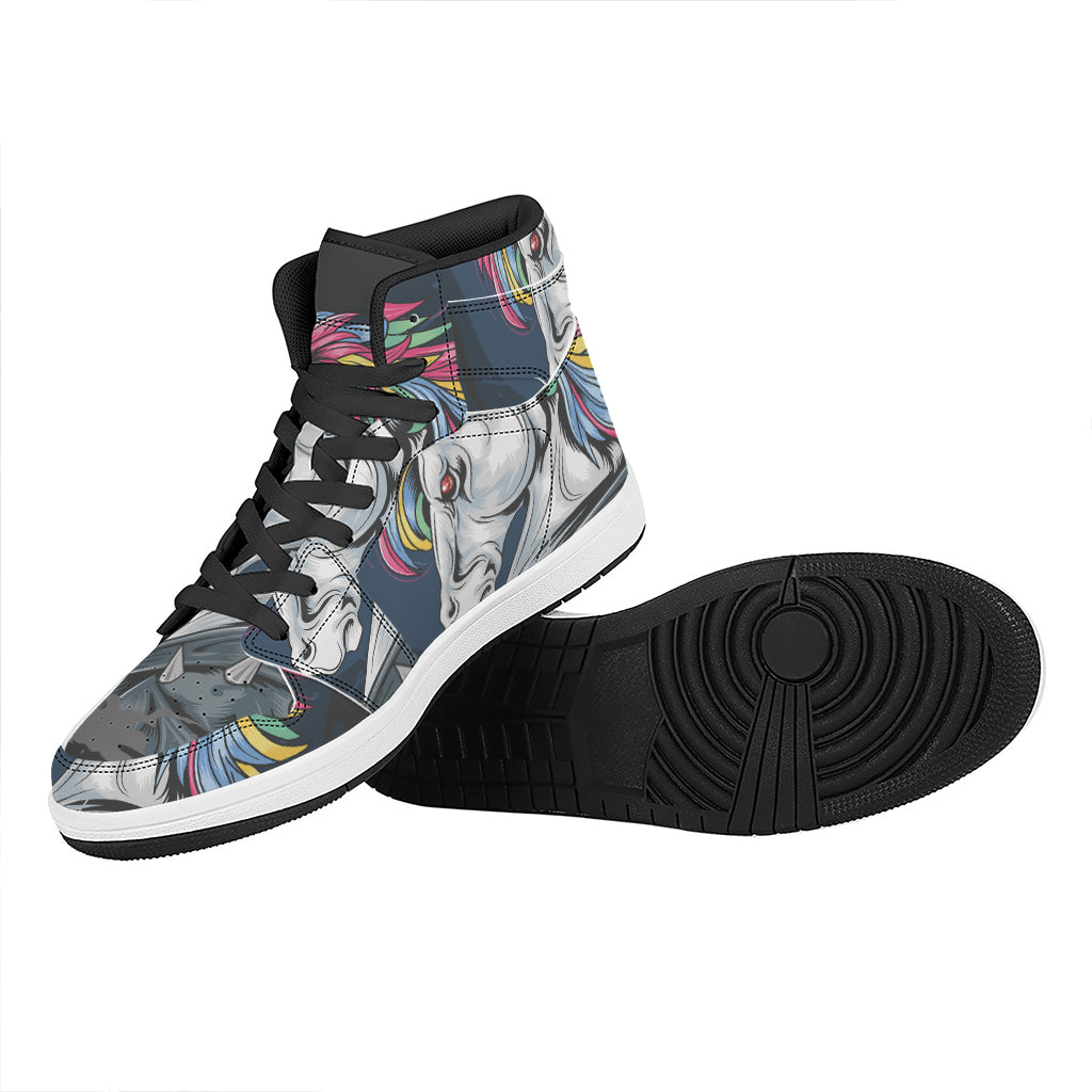 Punk Unicorn Print High Top Leather Sneakers