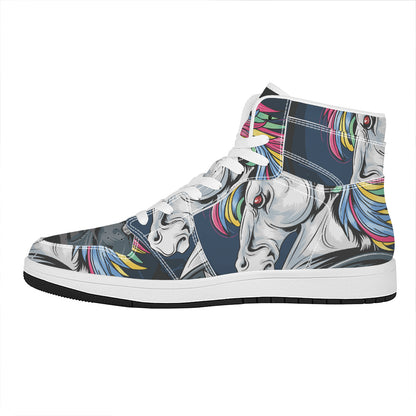 Punk Unicorn Print High Top Leather Sneakers