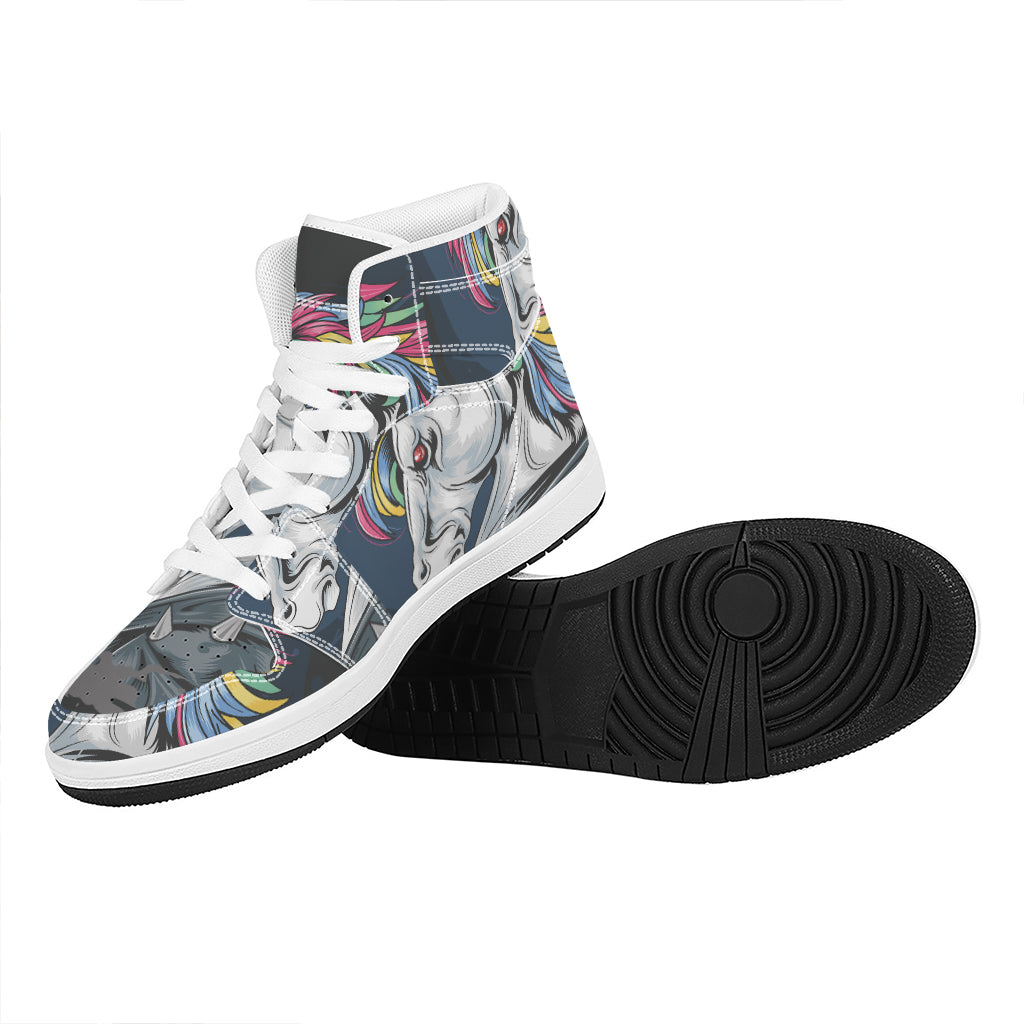 Punk Unicorn Print High Top Leather Sneakers
