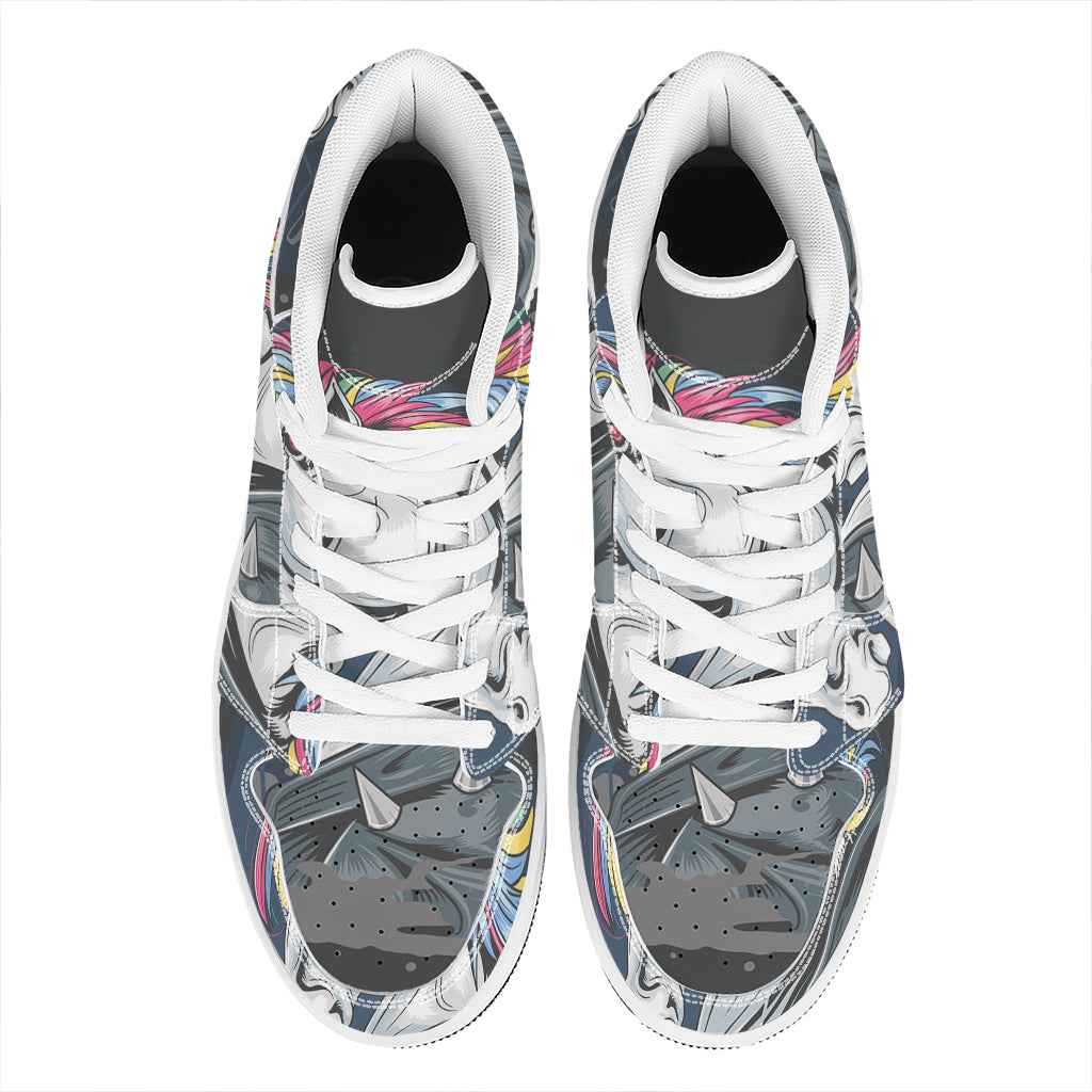 Punk Unicorn Print High Top Leather Sneakers