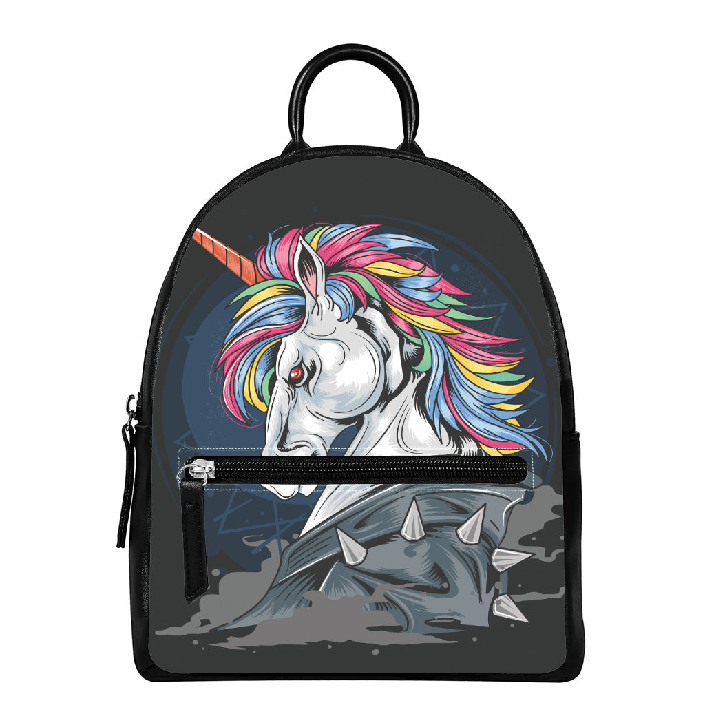 Punk Unicorn Print Leather Backpack