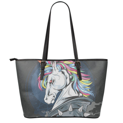Punk Unicorn Print Leather Tote Bag