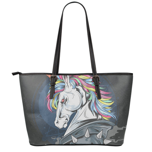 Punk Unicorn Print Leather Tote Bag