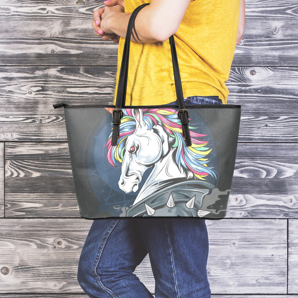 Punk Unicorn Print Leather Tote Bag