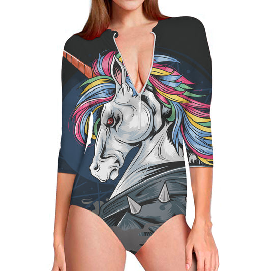 Punk Unicorn Print Long Sleeve Swimsuit