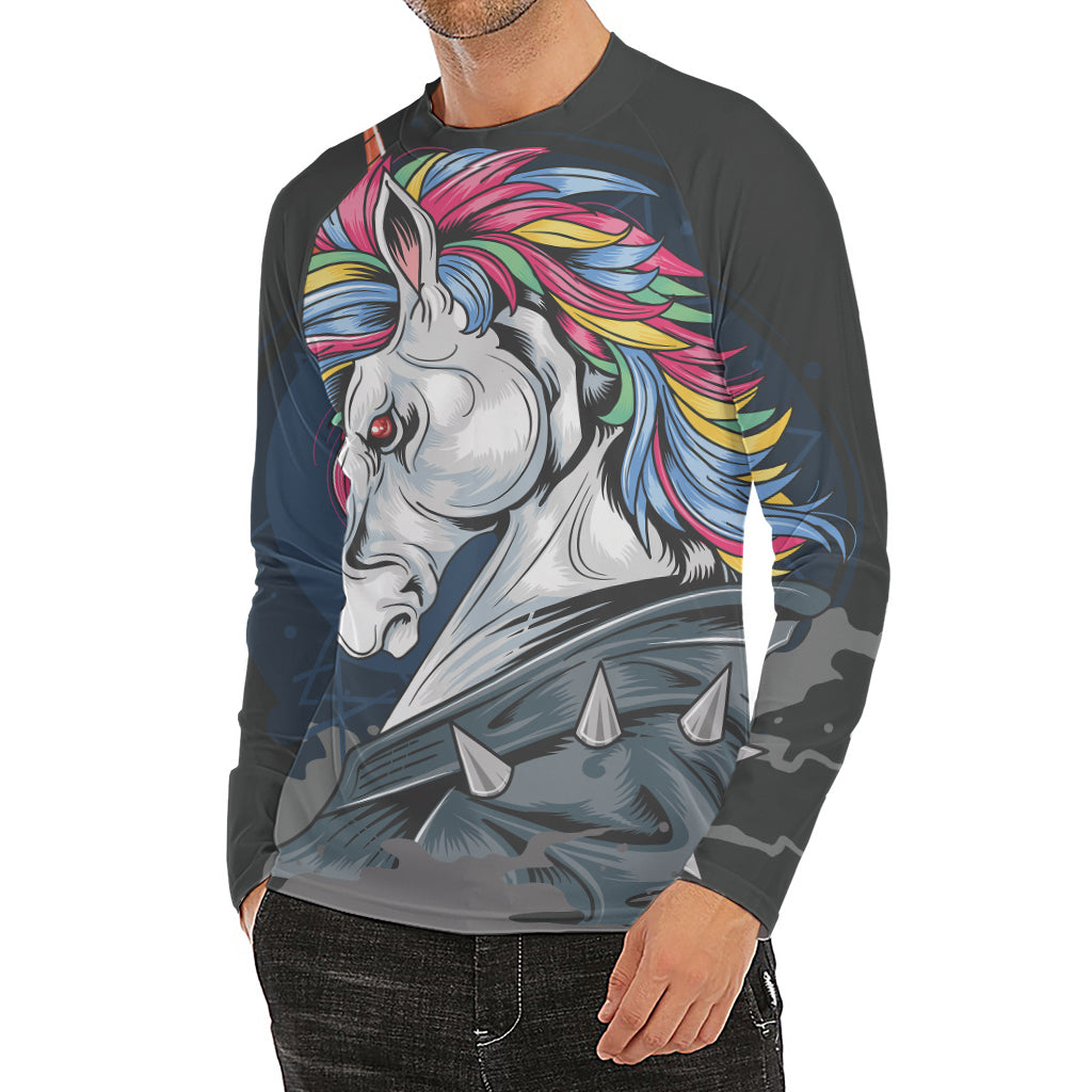 Punk Unicorn Print Men's Long Sleeve Rash Guard