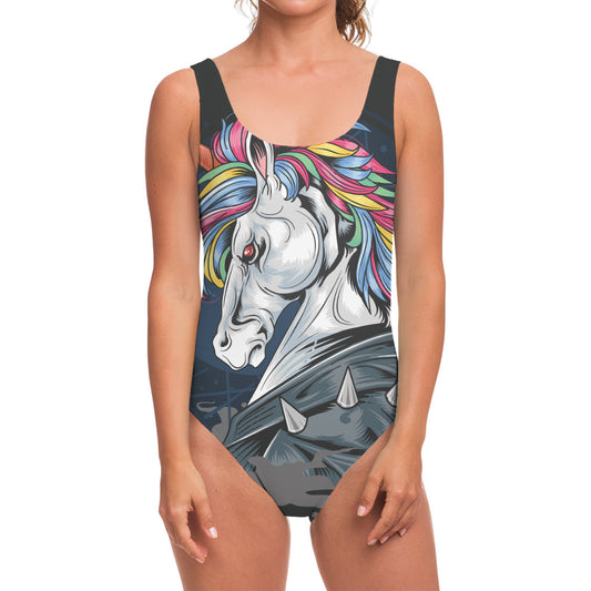 Punk Unicorn Print One Piece Swimsuit