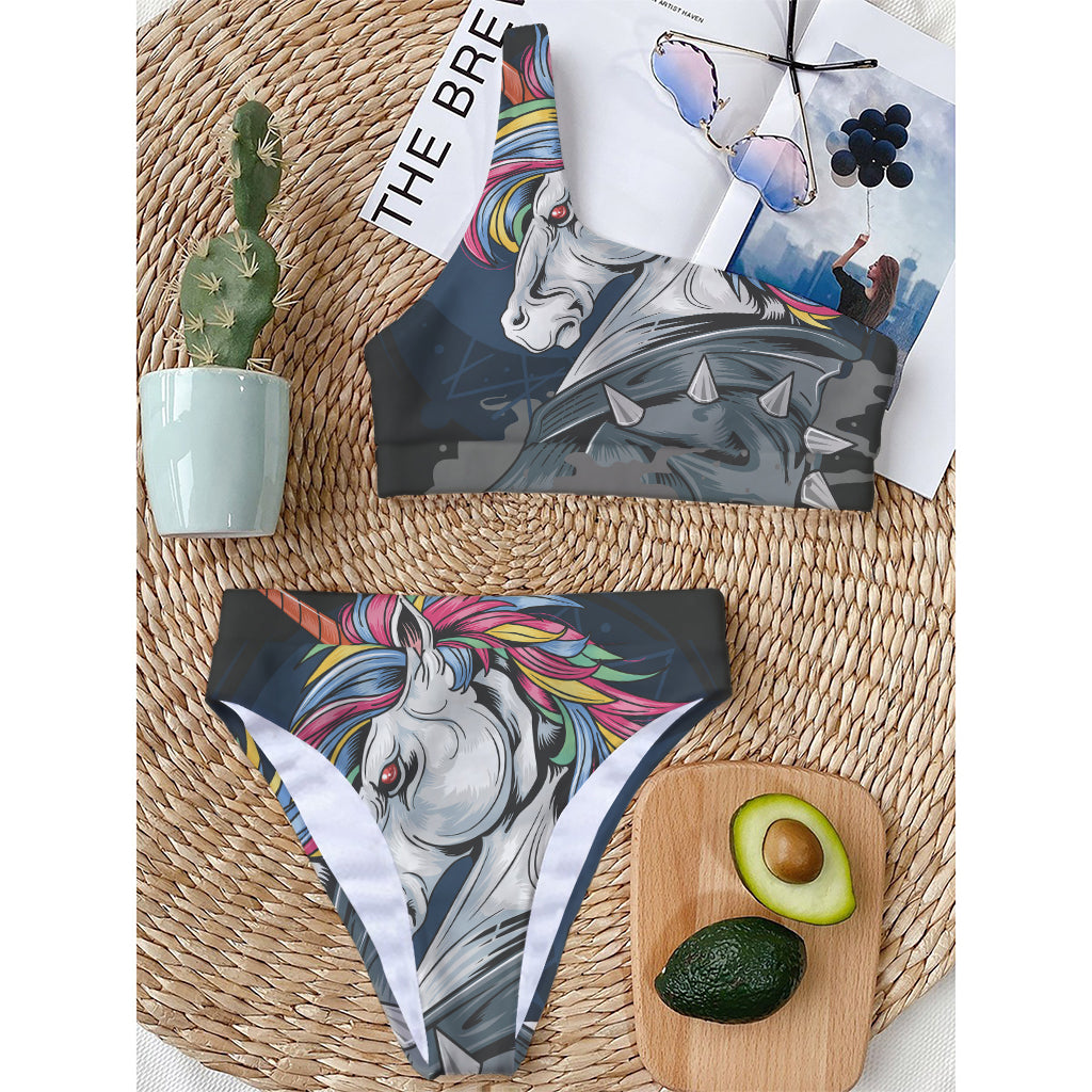 Punk Unicorn Print One Shoulder Bikini Top