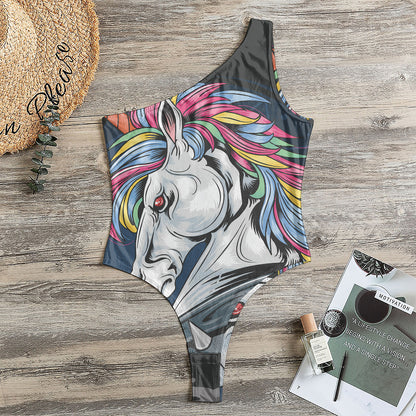 Punk Unicorn Print One Shoulder Bodysuit