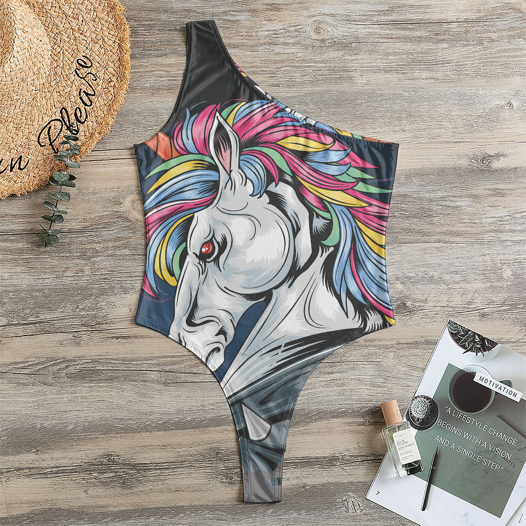 Punk Unicorn Print One Shoulder Bodysuit