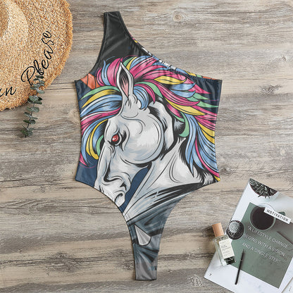 Punk Unicorn Print One Shoulder Bodysuit