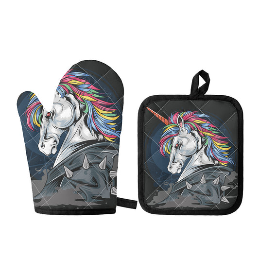 Punk Unicorn Print Oven Mitt And Pot Holder Set