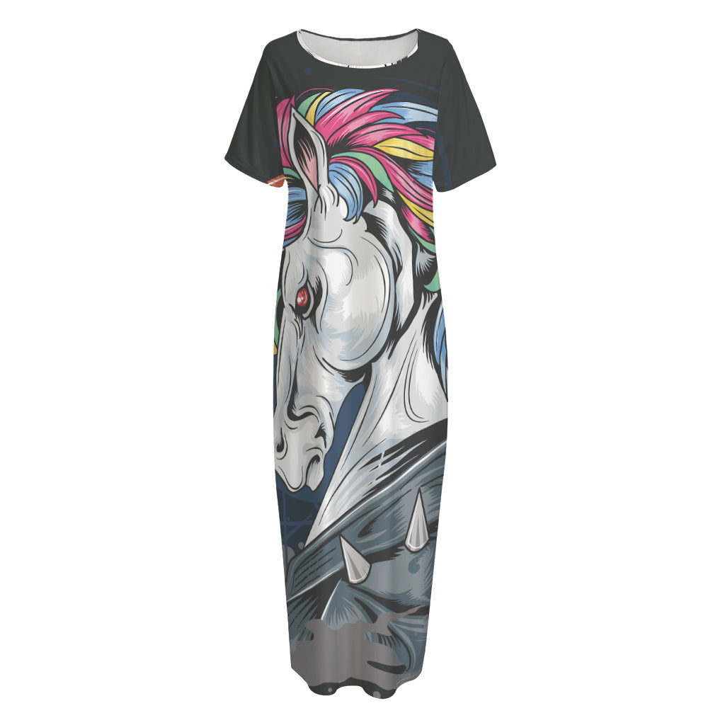 Punk Unicorn Print Short Sleeve Long Nightdress