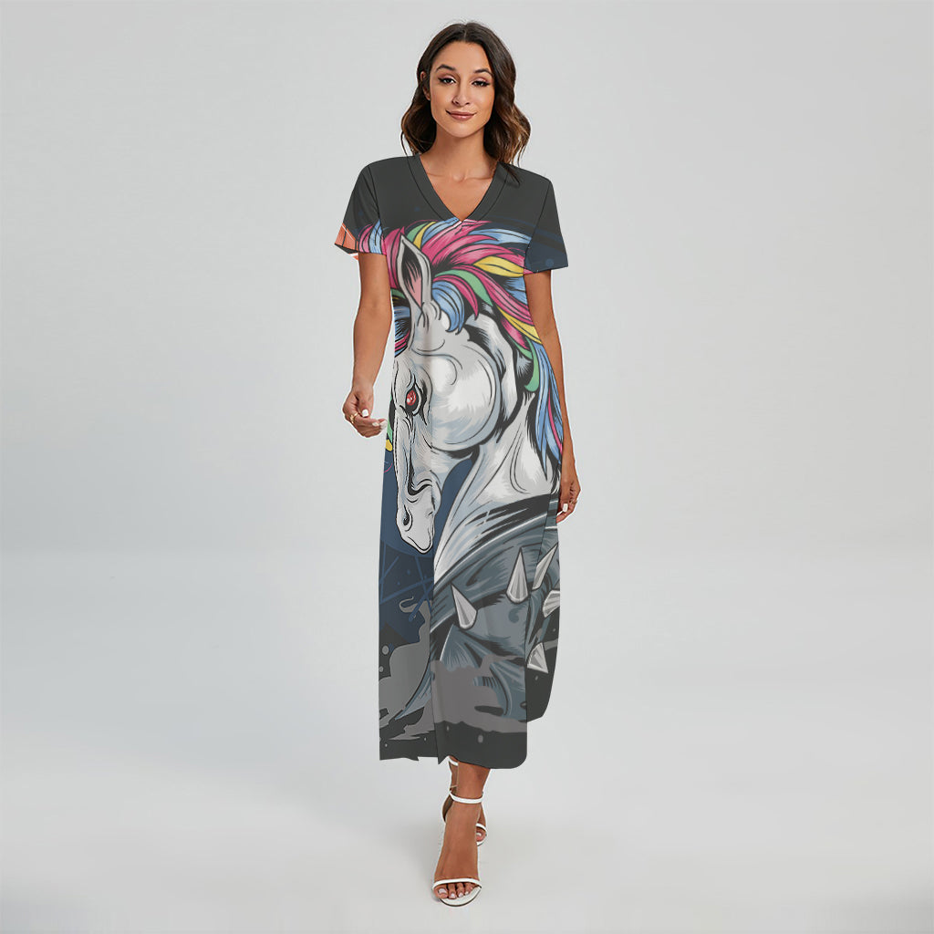 Punk Unicorn Print Short Sleeve Maxi Dress