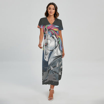 Punk Unicorn Print Short Sleeve Maxi Dress