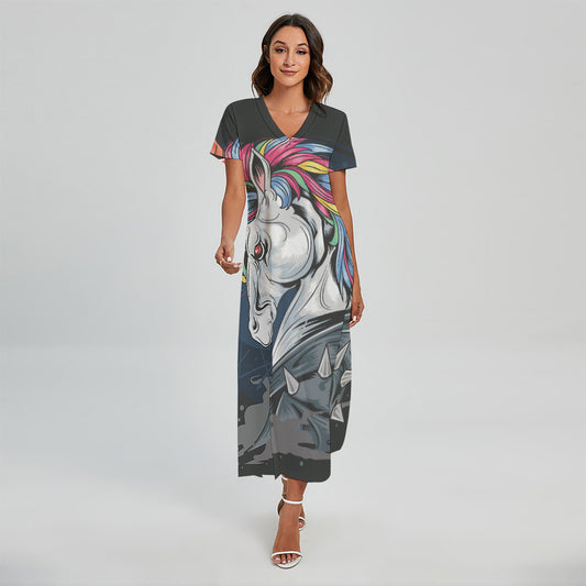 Punk Unicorn Print Short Sleeve Maxi Dress