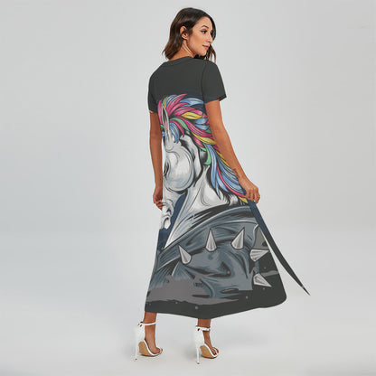 Punk Unicorn Print Short Sleeve Maxi Dress