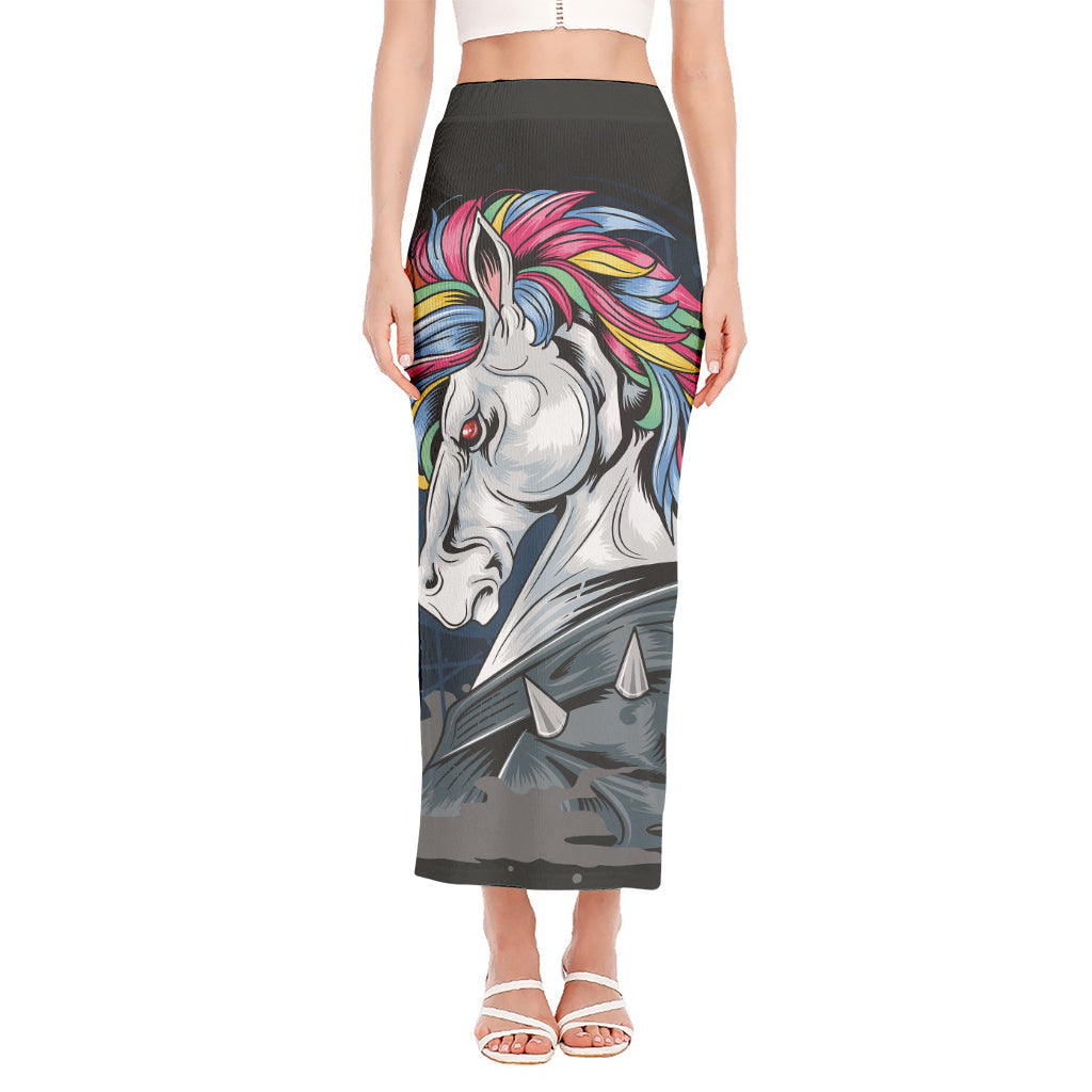 Punk Unicorn Print Side Slit Maxi Skirt