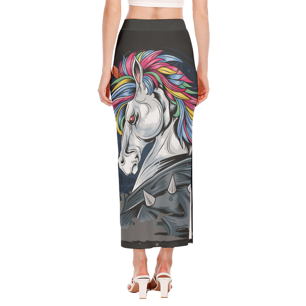 Punk Unicorn Print Side Slit Maxi Skirt