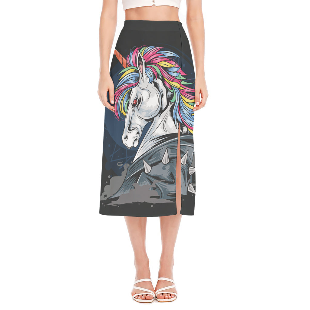 Punk Unicorn Print Side Slit Midi Skirt