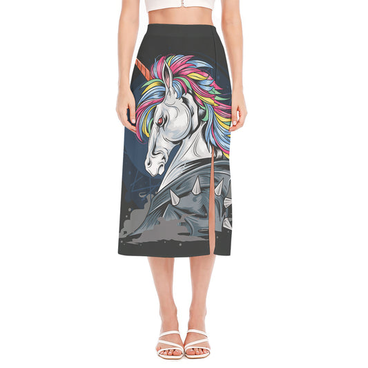 Punk Unicorn Print Side Slit Midi Skirt