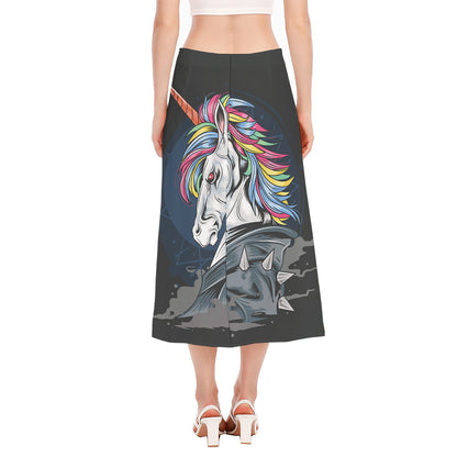 Punk Unicorn Print Side Slit Midi Skirt
