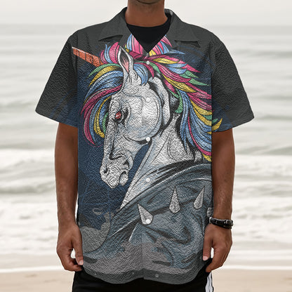 Punk Unicorn Print Textured Short Sleeve Shirt