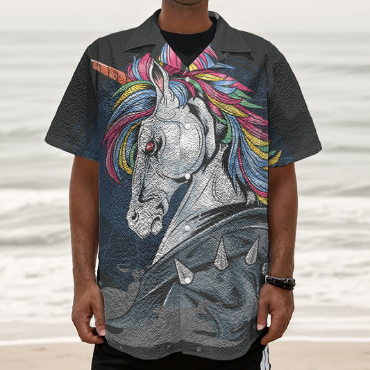 Punk Unicorn Print Textured Short Sleeve Shirt