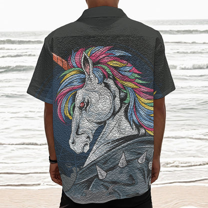 Punk Unicorn Print Textured Short Sleeve Shirt