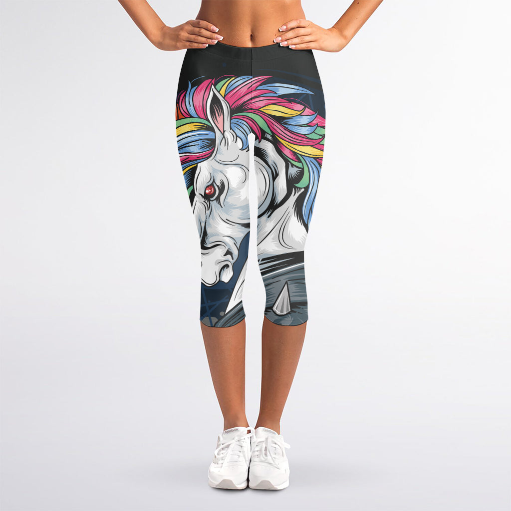 Punk Unicorn Print Women's Capri Leggings