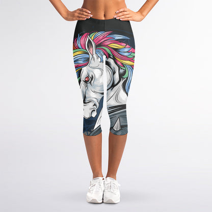 Punk Unicorn Print Women's Capri Leggings