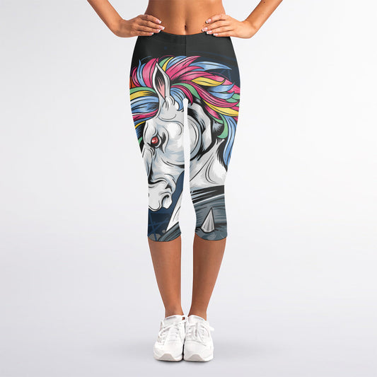 Punk Unicorn Print Women's Capri Leggings