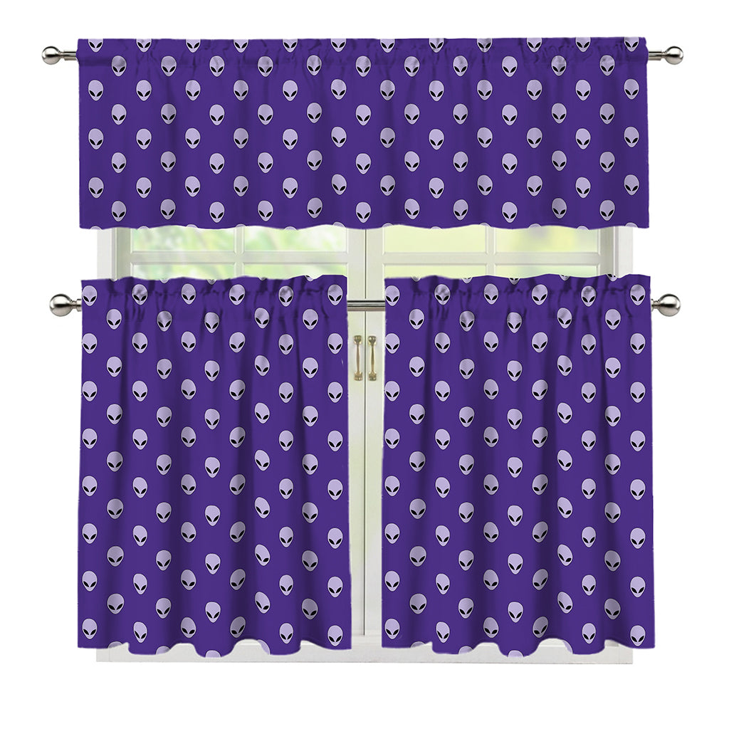 Purple Alien Face Pattern Print 3 Piece Kitchen Curtains