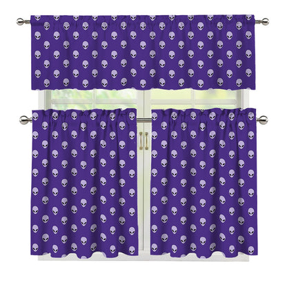 Purple Alien Face Pattern Print 3 Piece Kitchen Curtains