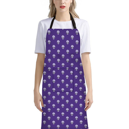 Purple Alien Face Pattern Print Bib Apron With Pocket