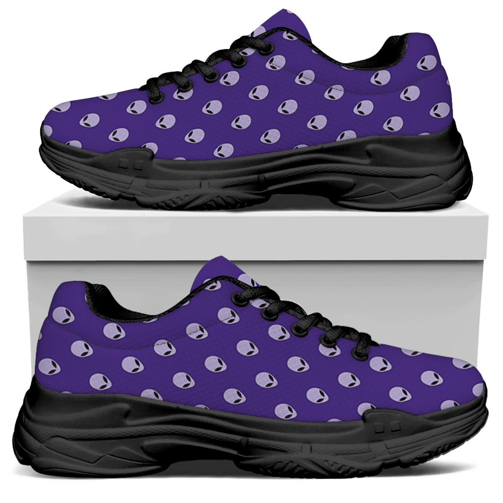 Purple Alien Face Pattern Print Black Chunky Shoes