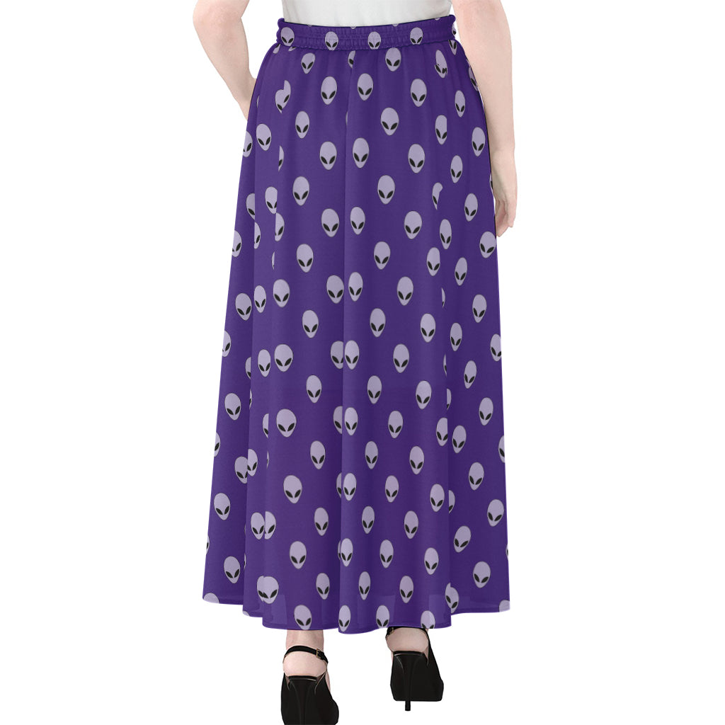 Purple Alien Face Pattern Print Chiffon Maxi Skirt