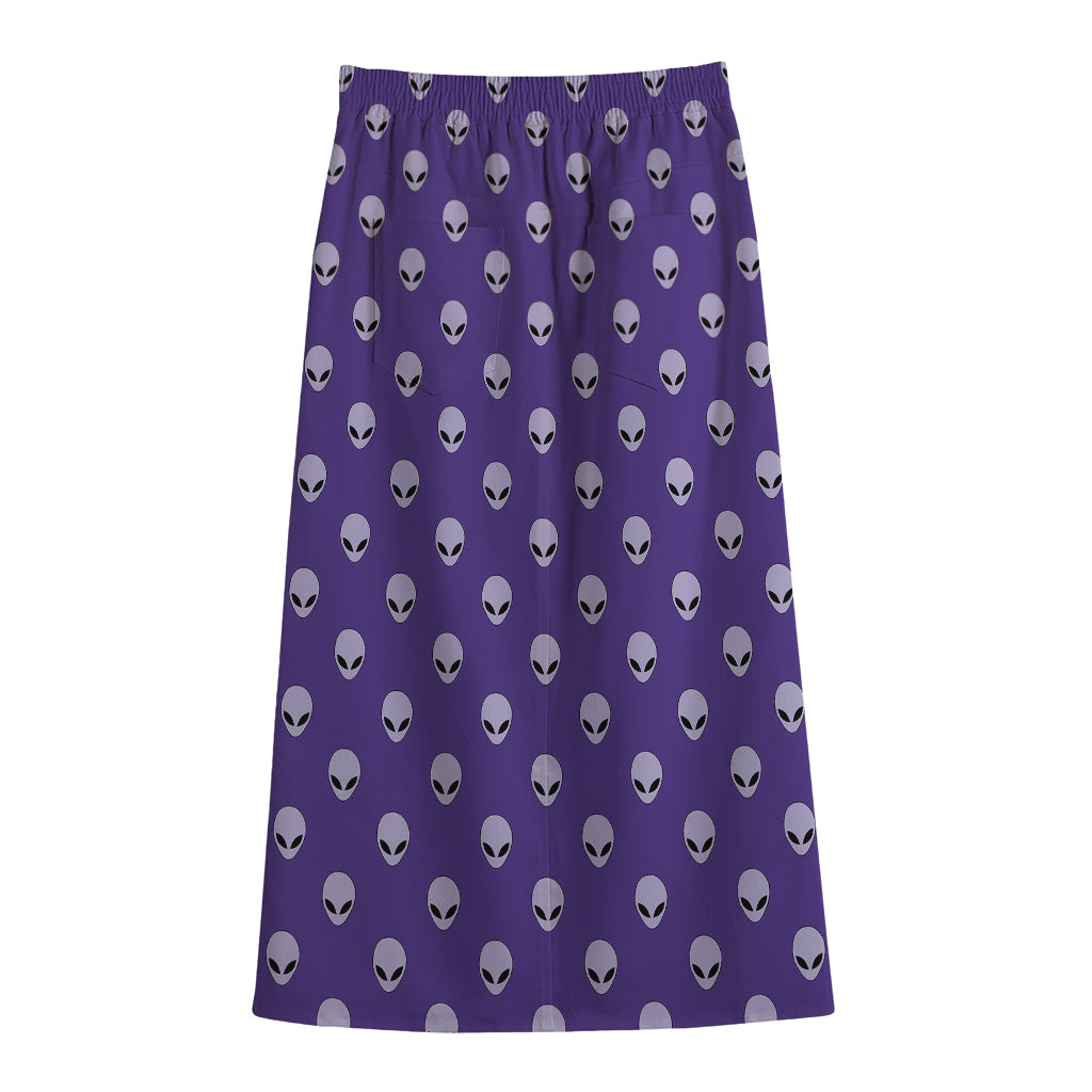 Purple Alien Face Pattern Print Cotton Front Slit Maxi Skirt